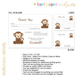Monkey Thank You Note Card Stationery • Fill in Blank, Lined or Blank Cards