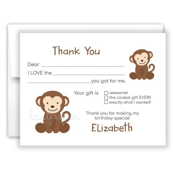 Monkey Thank You Note Card Stationery • Fill in Blank, Lined or Blank Cards