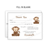 Monkey Thank You Note Card Stationery • Fill in Blank, Lined or Blank Cards