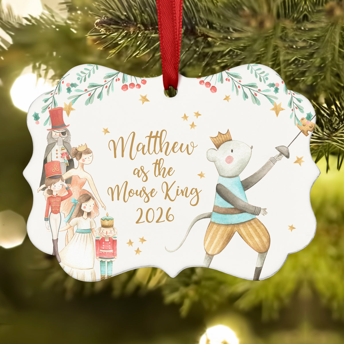 Mouse Gray Rat King Queen Baby Lead Nutcracker Christmas Ornament Personalized Custom Holiday Decor Gift Girl Ballerina Ballet Watercolor
