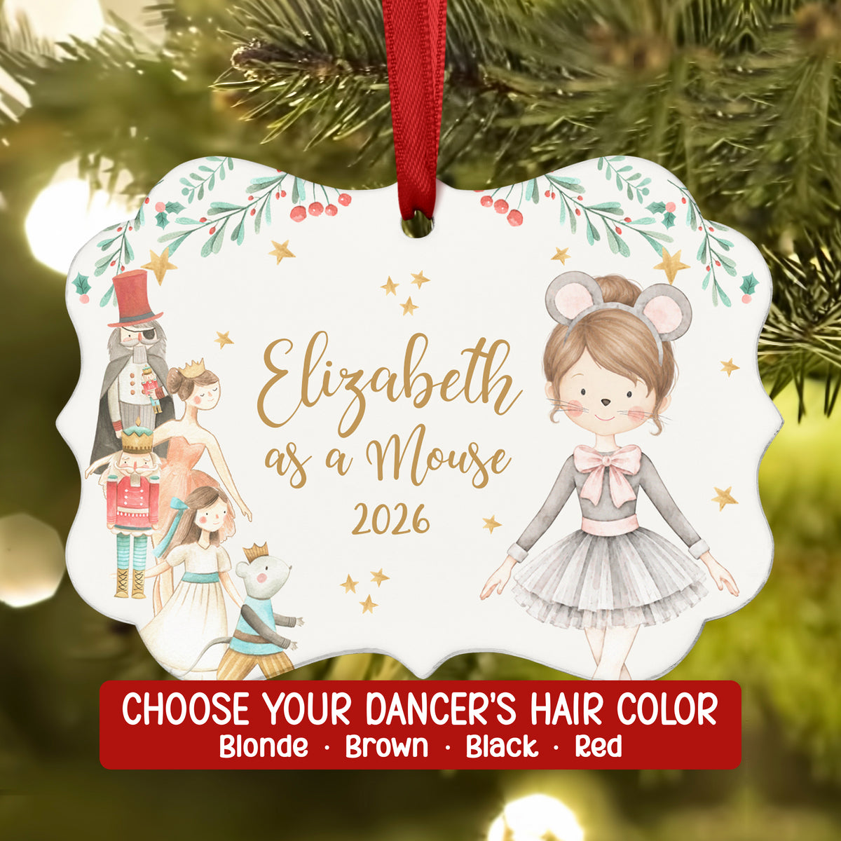 Mouse Gray Rat King Queen Baby Lead Nutcracker Christmas Ornament Personalized Custom Holiday Decor Gift Girl Ballerina Ballet Watercolor