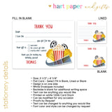 Movie Popcorn Thank You Note Card Stationery • Fill in Blank, Lined or Blank Cards
