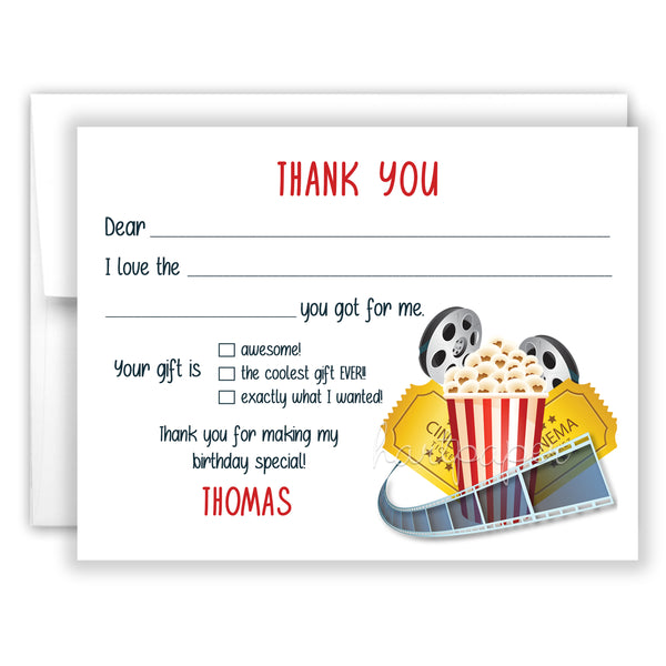 Movie Popcorn Thank You Note Card Stationery • Fill in Blank, Lined or Blank Cards