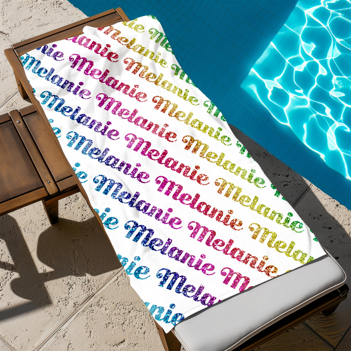 Rainbow Repeat Name Personalized Beach Towel • Custom 30x60 Swimming Swim Bath Bathroom Pool