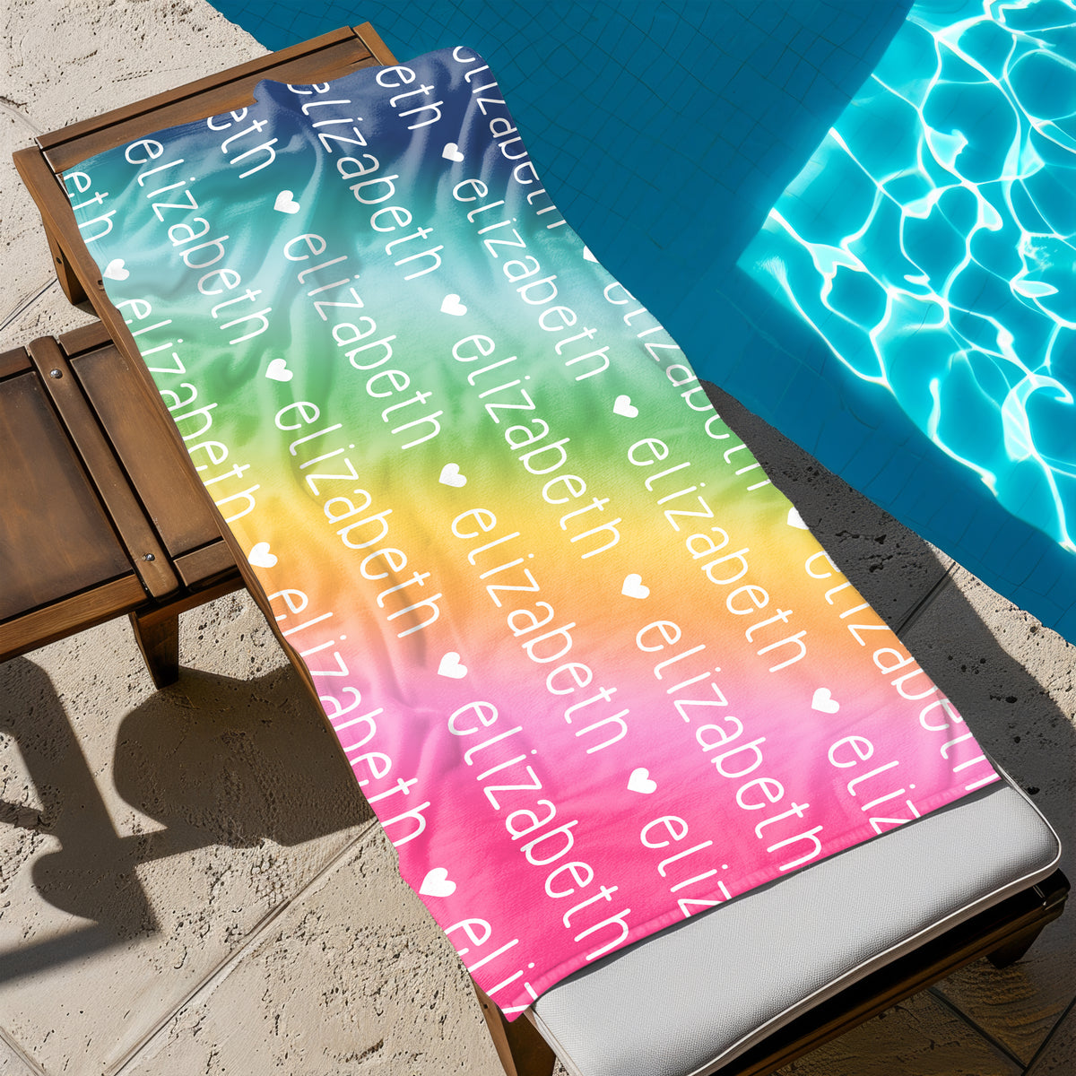 Rainbow Repeat Name Personalized Beach Towel • Custom 30x60 Swimming Swim Bath Bathroom Pool