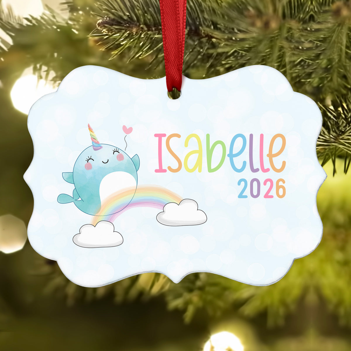 Rainbow Narwhal Christmas Ornament • Personalized Custom Holiday • Gift
