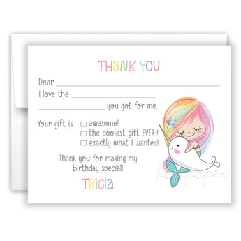 Mermaid & Narwhal Thank You Note Card Stationery • Fill in Blank, Lined or Blank Cards