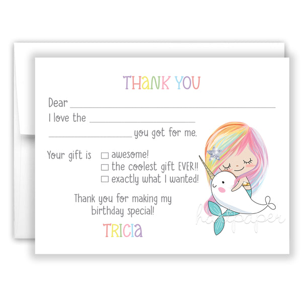 Mermaid & Narwhal Thank You Note Card Stationery • Fill in Blank, Lined or Blank Cards