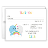 Rainbow Narwhal Thank You Note Card Stationery • Fill in Blank, Lined or Blank Cards