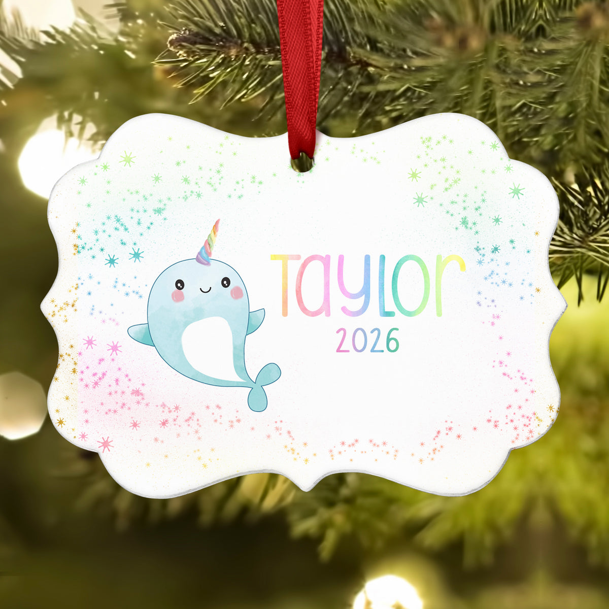 Rainbow Narwhal Christmas Ornament • Personalized Custom Holiday • Gift