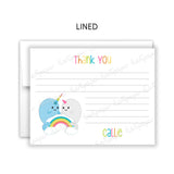 Rainbow Narwhal Thank You Note Card Stationery • Fill in Blank, Lined or Blank Cards