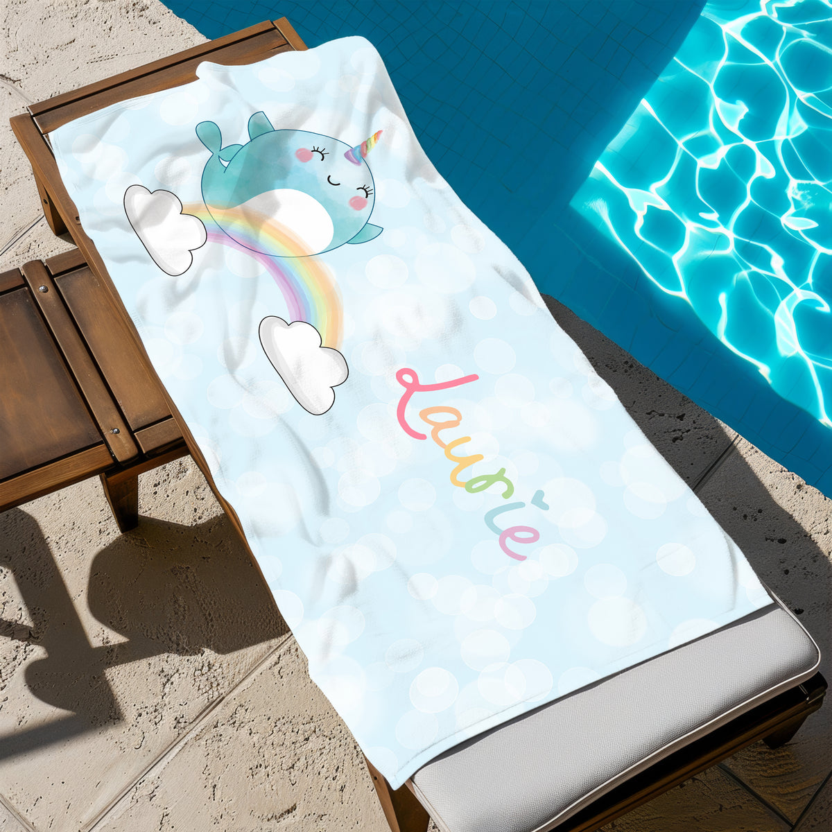 Narwhal Rainbow Personalized Beach Towel • Custom 30x60 Swimming Swim Bath Bathroom Pool
