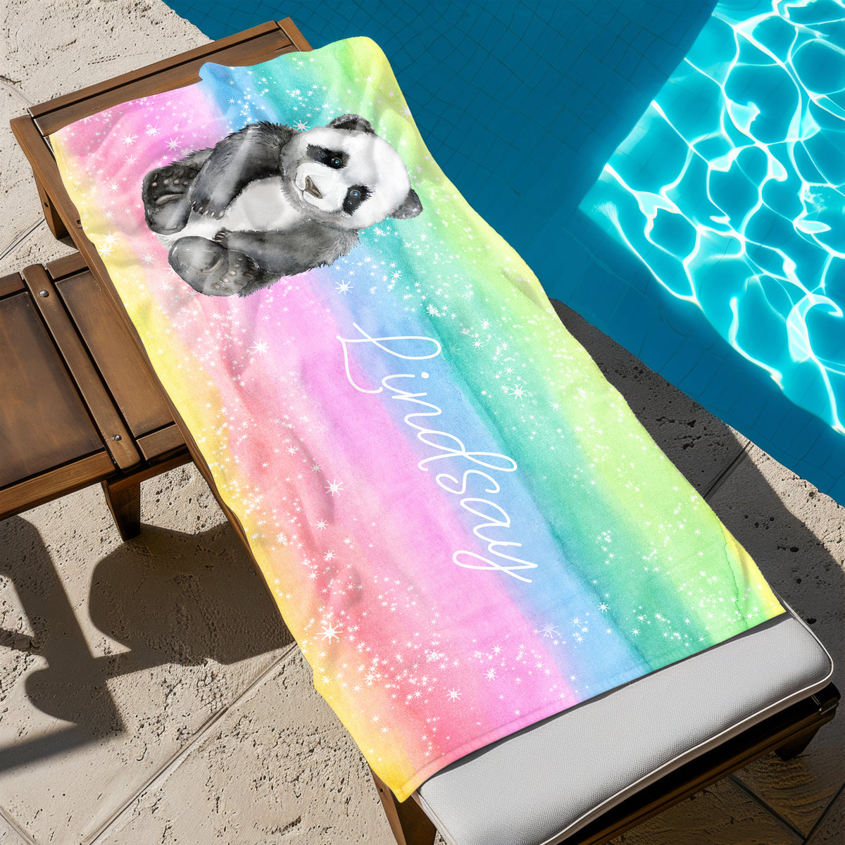 Rainbow Panda Bear Personalized Beach Towel • Custom 30x60 Swimming Swim Bath Bathroom Pool