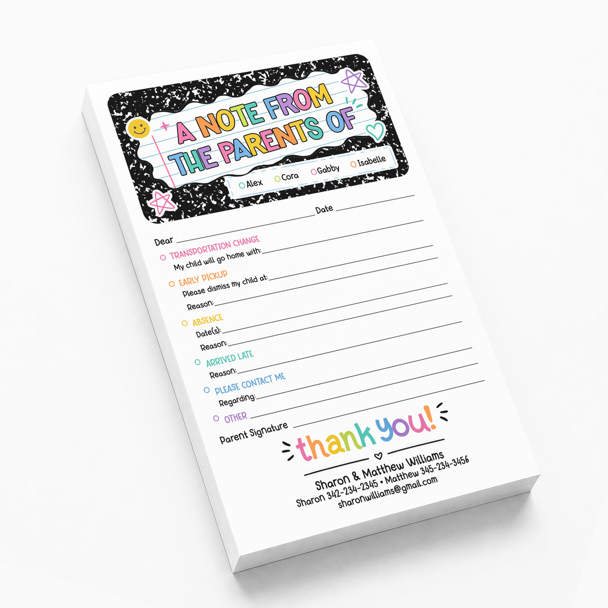 Rainbow Composition Excuse Notepad from the Parent of Personalized Stationery Custom School Teacher Communication