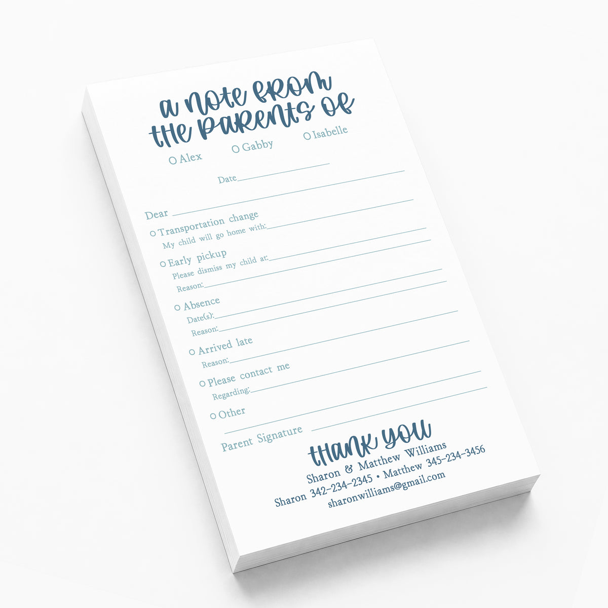 Blue Excuse Notepad from the Parent of Personalized Stationery Custom School Teacher Communication
