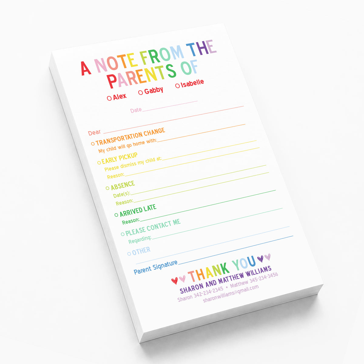 Rainbow Excuse Notepad from the Parent of Personalized Stationery Custom School Teacher Communication