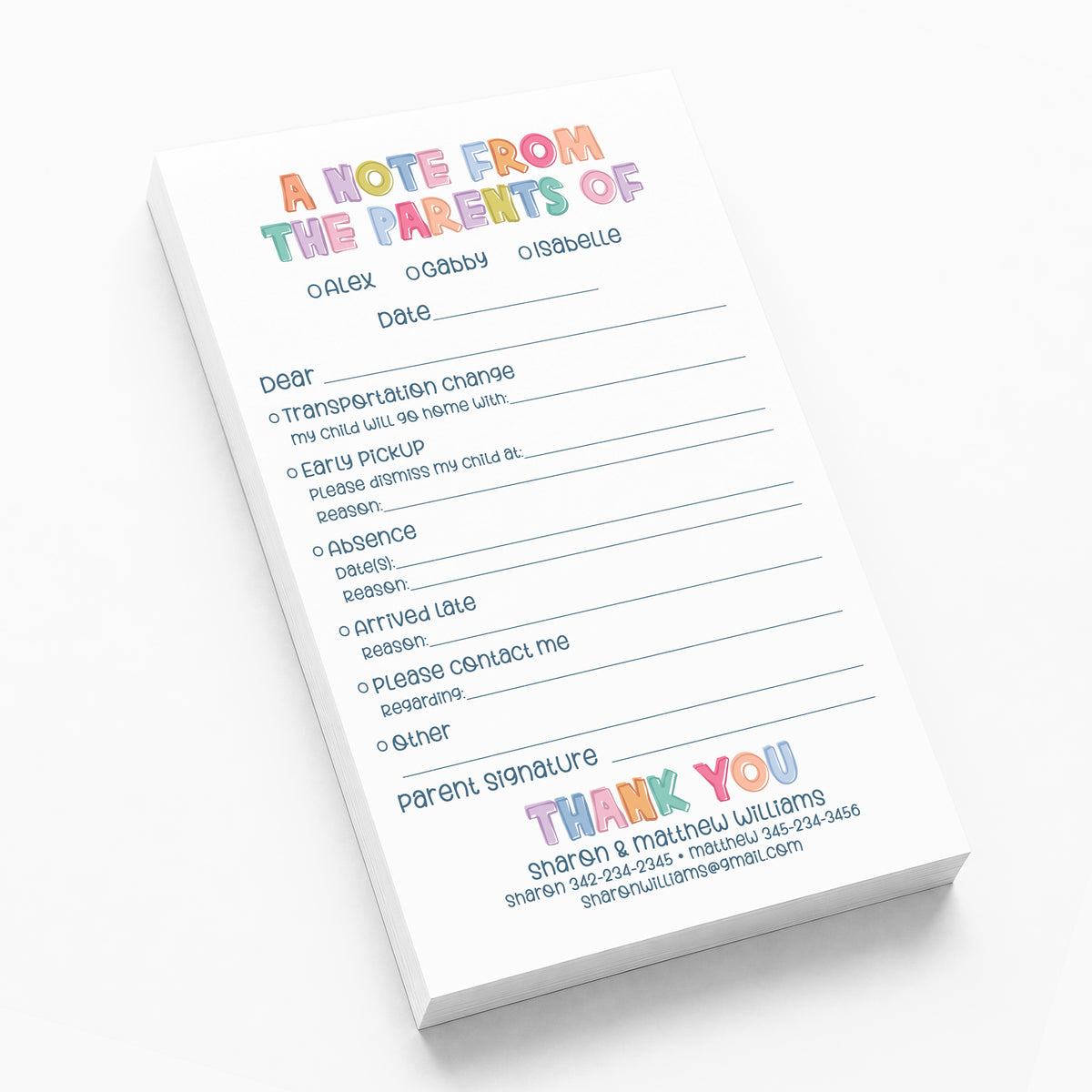 Rainbow Excuse Notepad from the Parent of Personalized Stationery Custom School Teacher Communication
