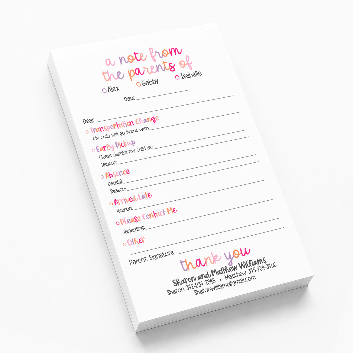 Pink Rainbow Excuse Notepad from the Parent of Personalized Stationery Custom School Teacher Communication
