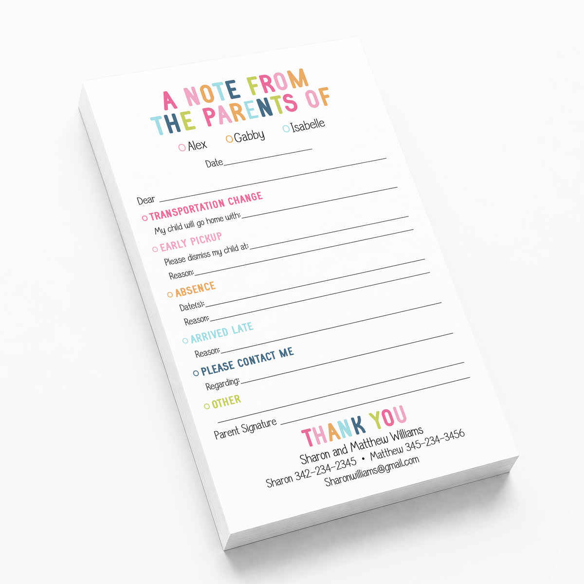 Rainbow Excuse Notepad from the Parent of Personalized Stationery Custom School Teacher Communication