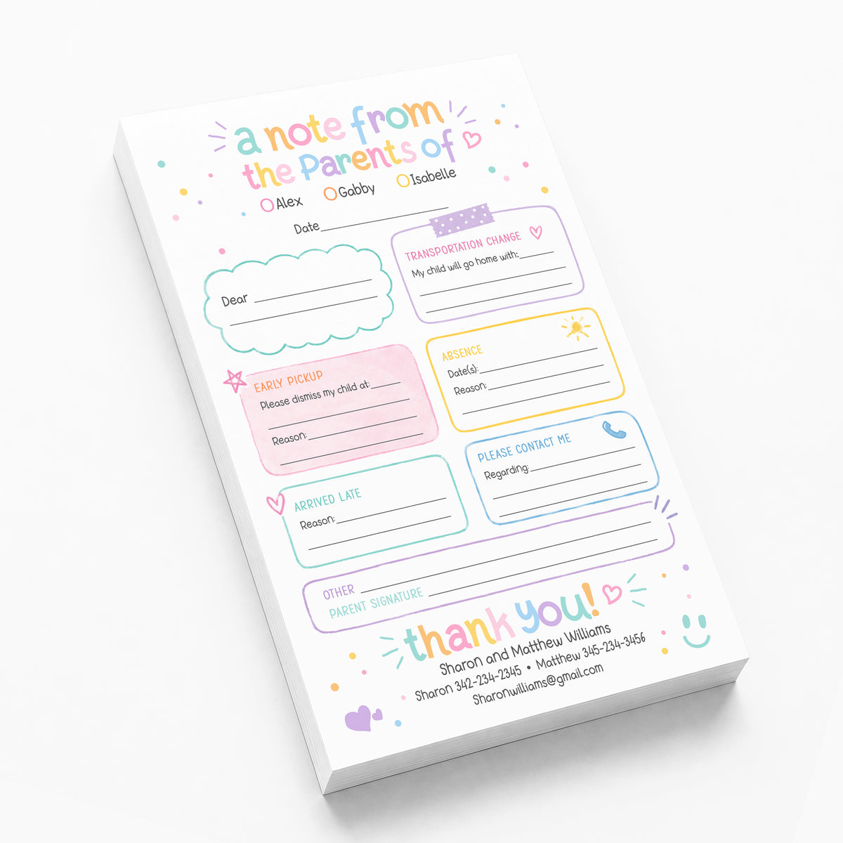 Pastel Rainbow Excuse Notepad from the Parent of Personalized Stationery Custom School Teacher Communication