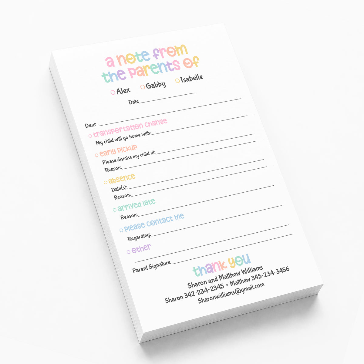 Pastel Rainbow Excuse Notepad from the Parent of Personalized Stationery Custom School Teacher Communication