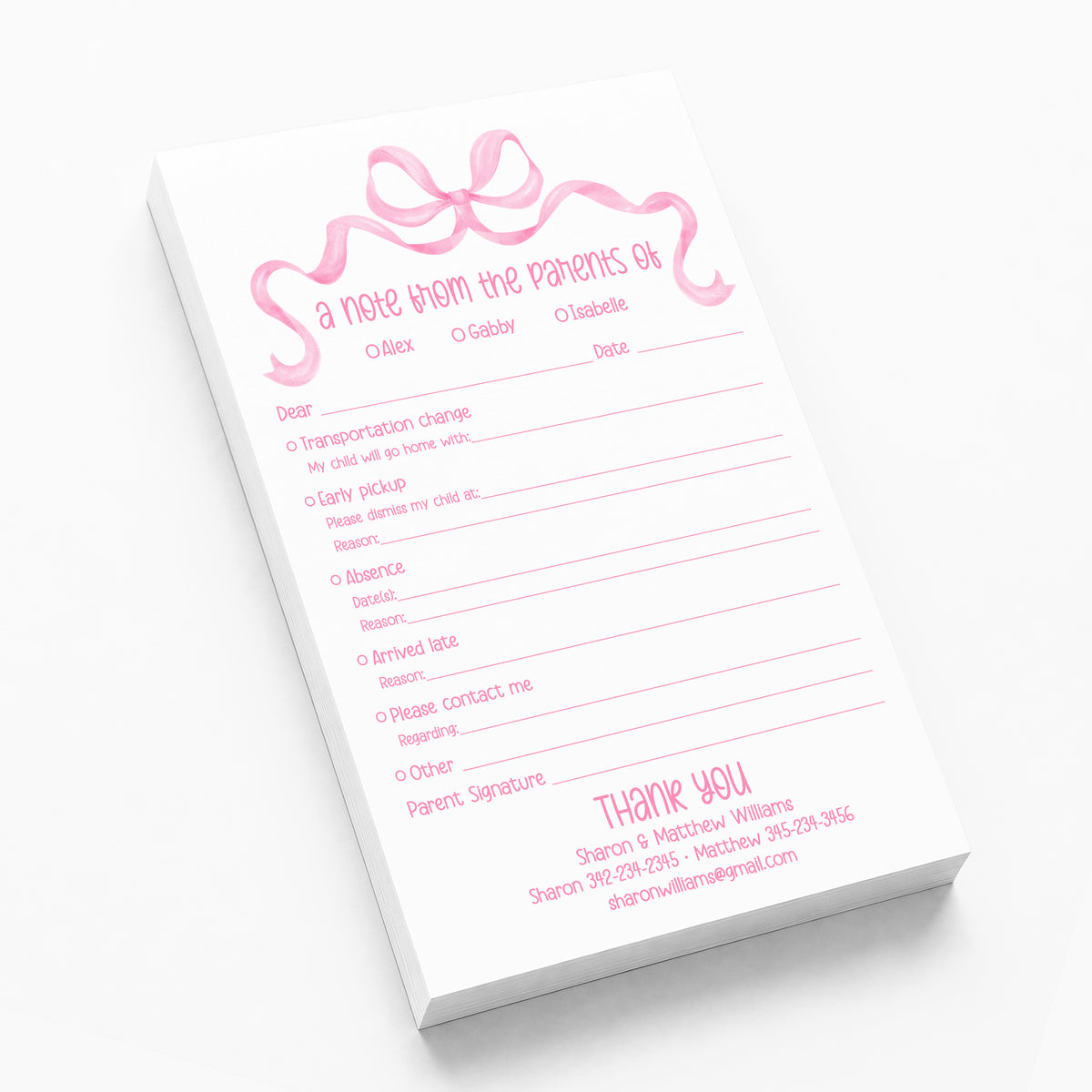 Pink Coquette Bow Excuse Notepad from the Parent of Personalized Stationery Custom School Teacher Communication