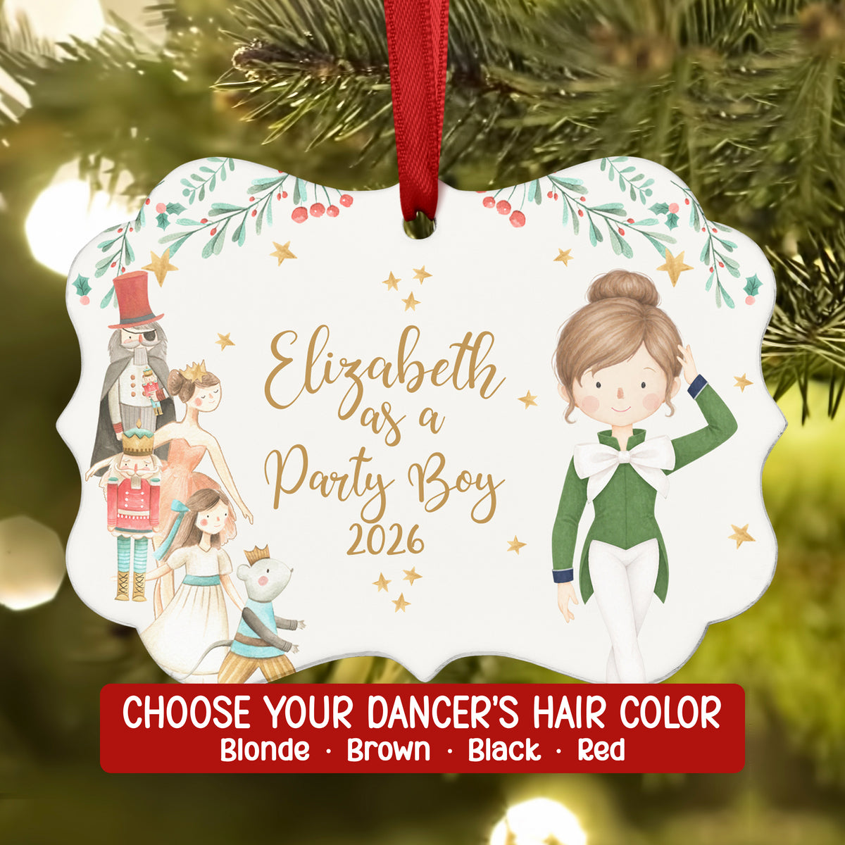 Party Girl Boy Nutcracker Christmas Ornament Personalized Custom Holiday Decor Gift Girl Ballerina Ballet Watercolor