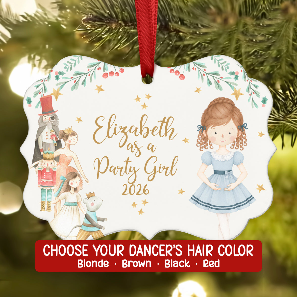 Party Girl Boy Nutcracker Christmas Ornament Personalized Custom Holiday Decor Gift Girl Ballerina Ballet Watercolor