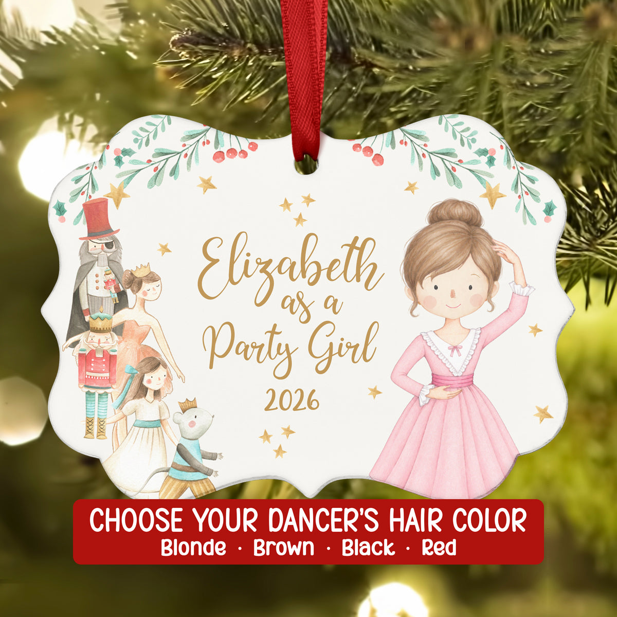 Party Girl Boy Nutcracker Christmas Ornament Personalized Custom Holiday Decor Gift Girl Ballerina Ballet Watercolor
