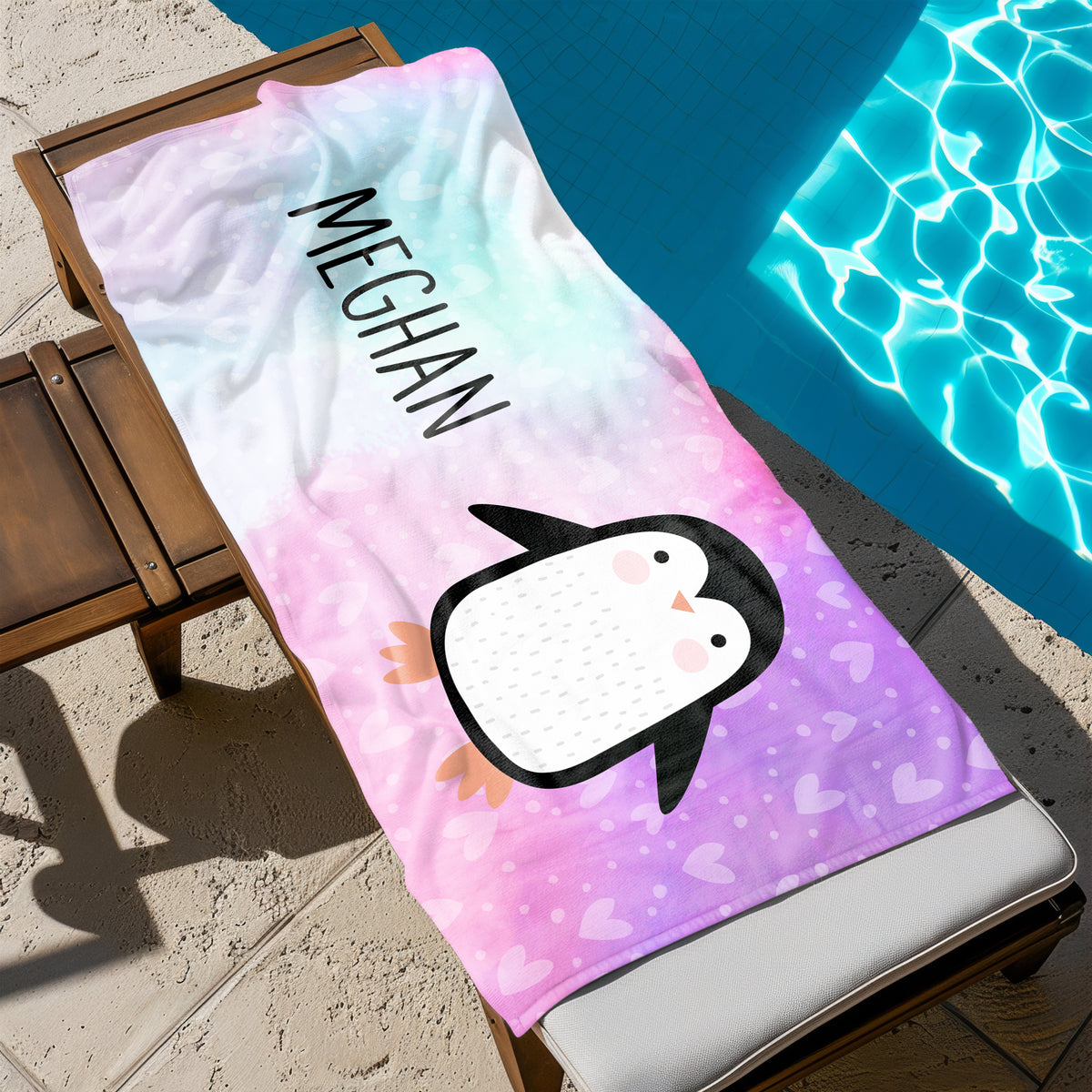 Rainbow Penguin Personalized Beach Towel • Custom 30x60 Swimming Swim Bath Bathroom Pool