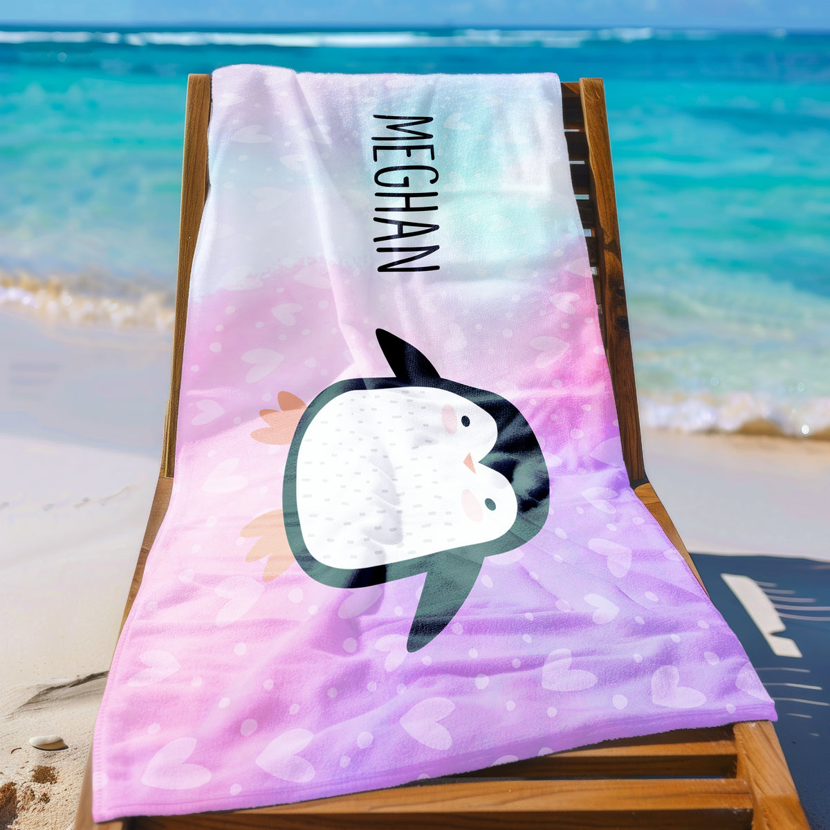 Rainbow Penguin Personalized Beach Towel • Custom 30x60 Swimming