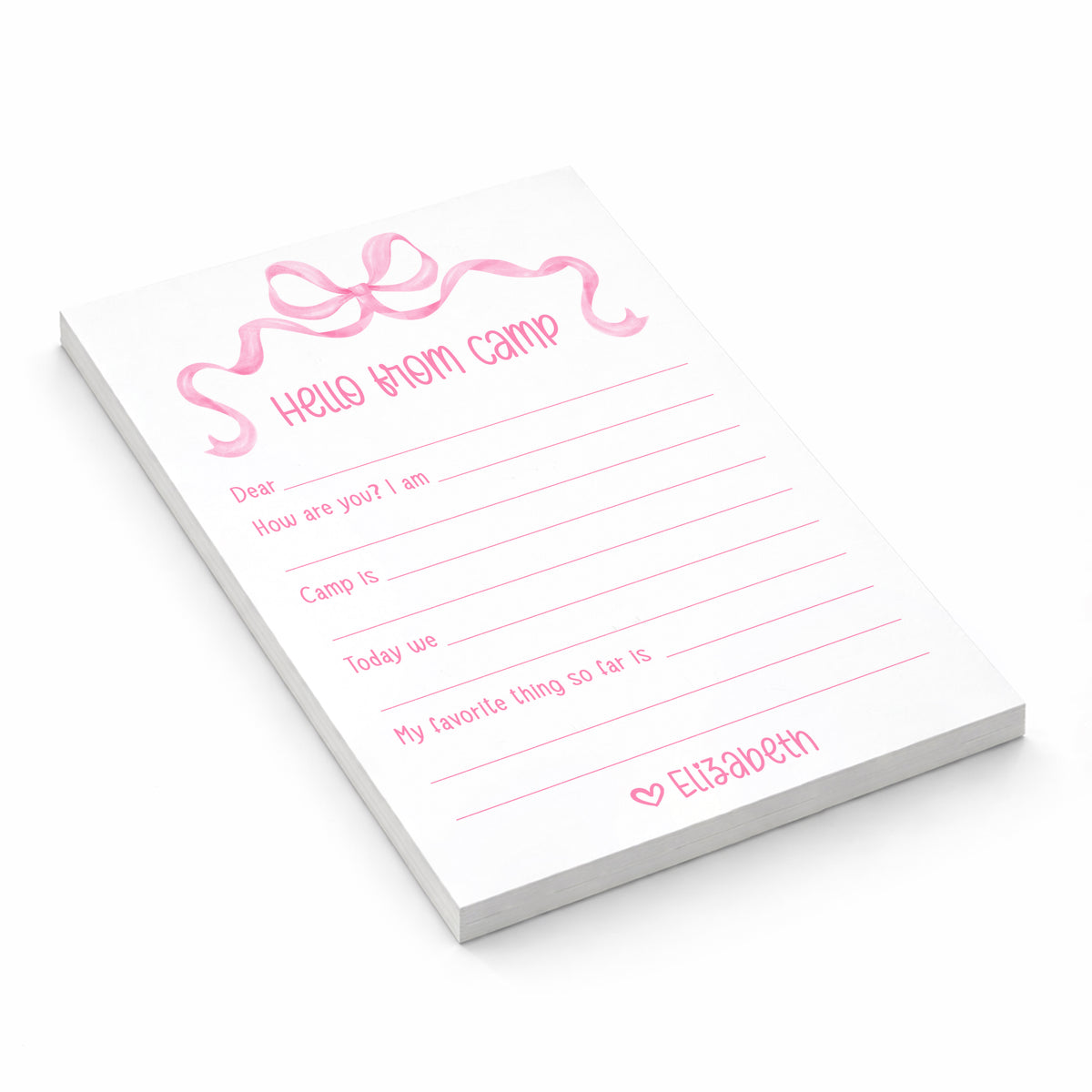 Hello from Camp Bow Coquette Pink Ribbon Notepad Personalized Camping Summer Scout Note Stationery Custom • Fill in Blank, Lined or Blank • Care Package Gift Girl Boy