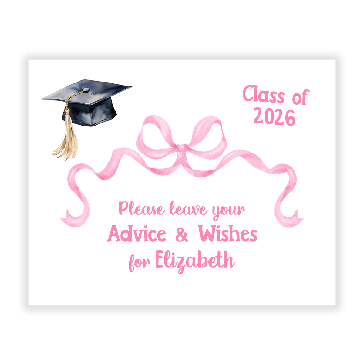 Pink Coquette Bow Sign for Graduation Party Advice Wish Wishes Cards Personalized • Stationery Custom Printed Open House Decorations Graduate Decor