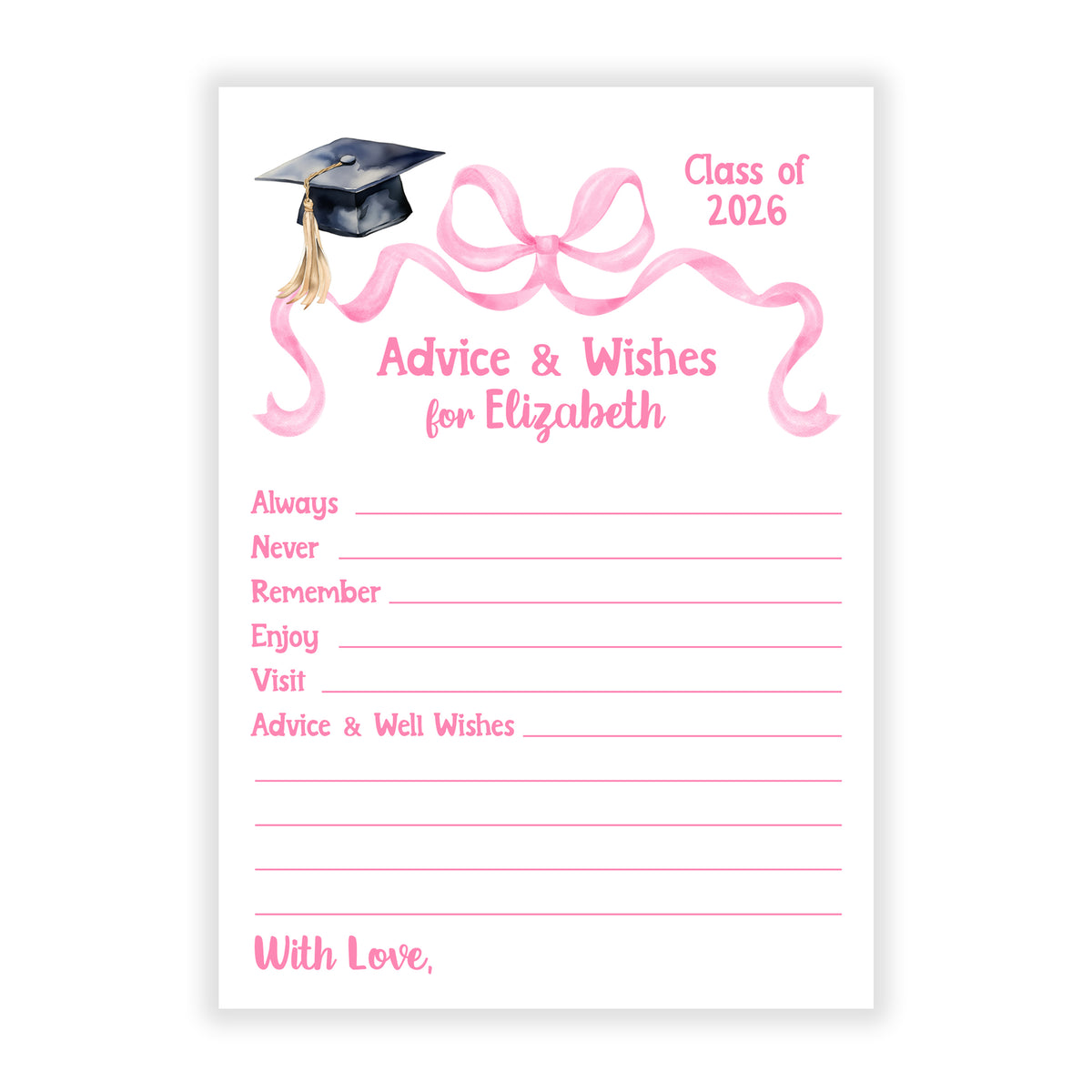 Pink Coquette Bow Graduation Party Advice Wish Wishes Cards Personalized Flat Stationery Custom Printed Party Open House Decorations Graduate Decor