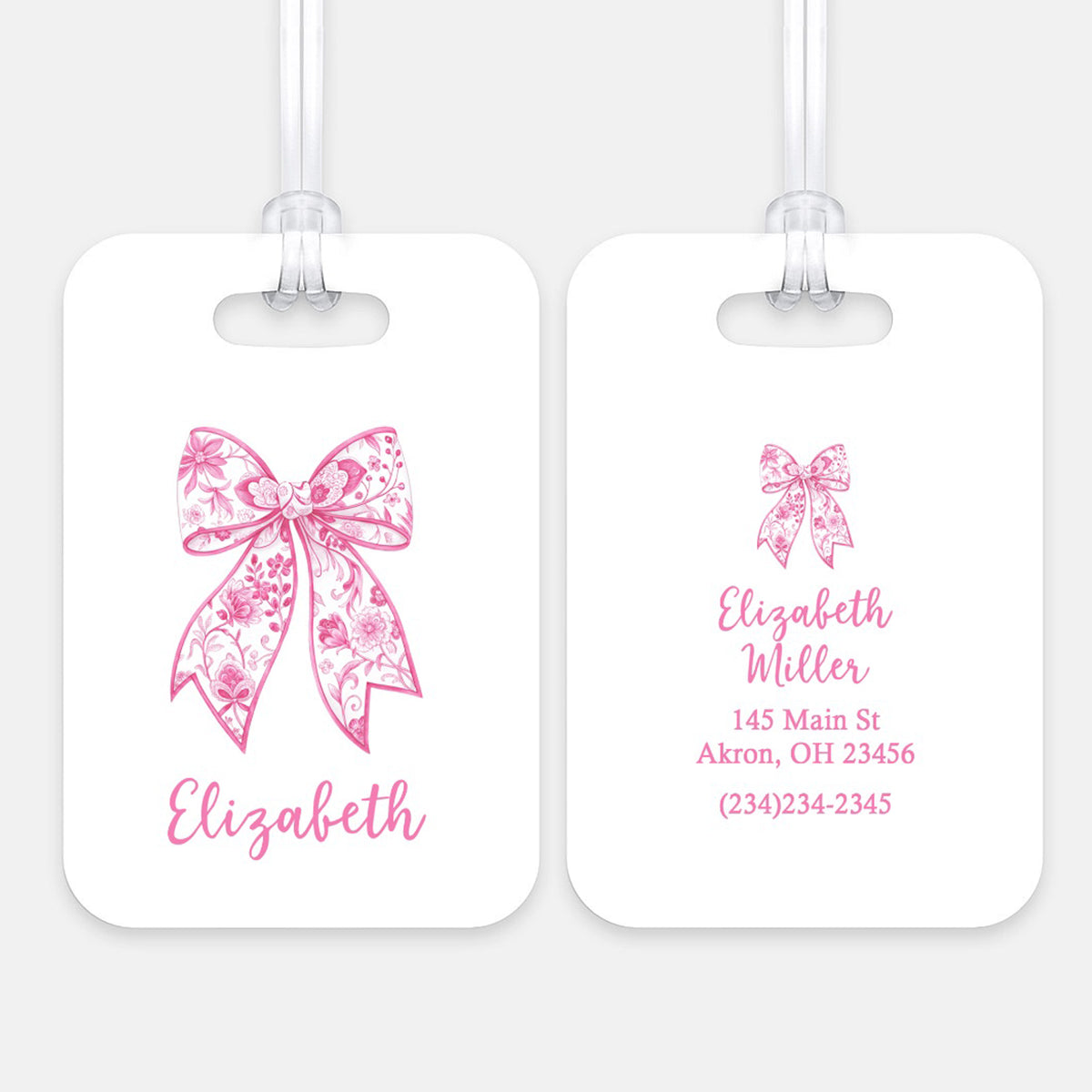 Pink Bow Chinoiserie Luggage Bag Tag Personalized Custom