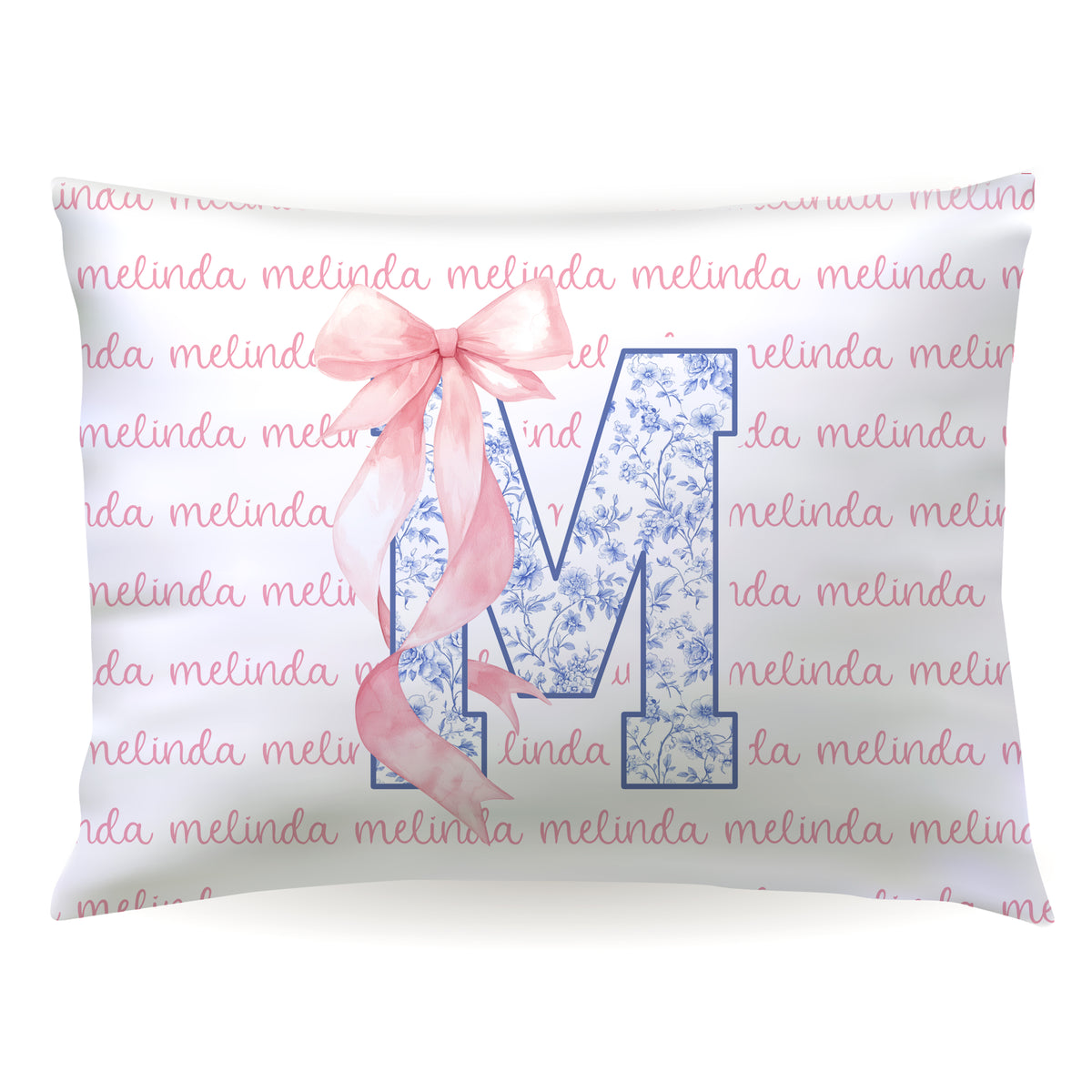 Pink Blue Toile Coquette Bow Chinoiserie Flowers Personalized Custom Pillowcase • Standard or Toddler Size