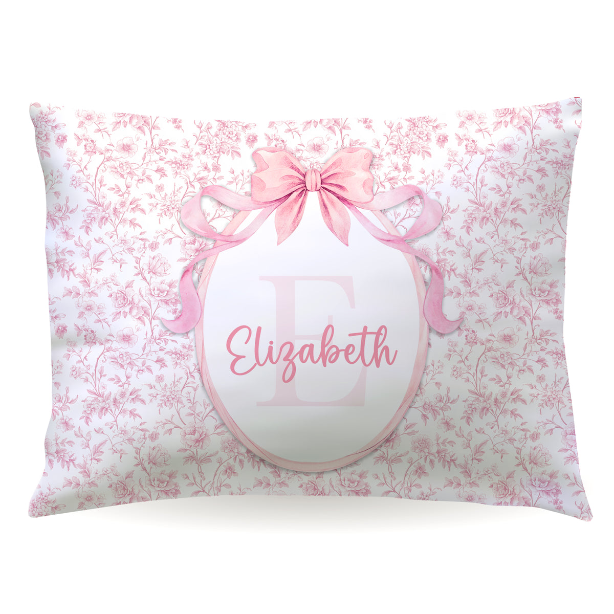 Pink Toile Coquette Bow Chinoiserie Flowers Personalized Custom Pillowcase • Standard or Toddler Size