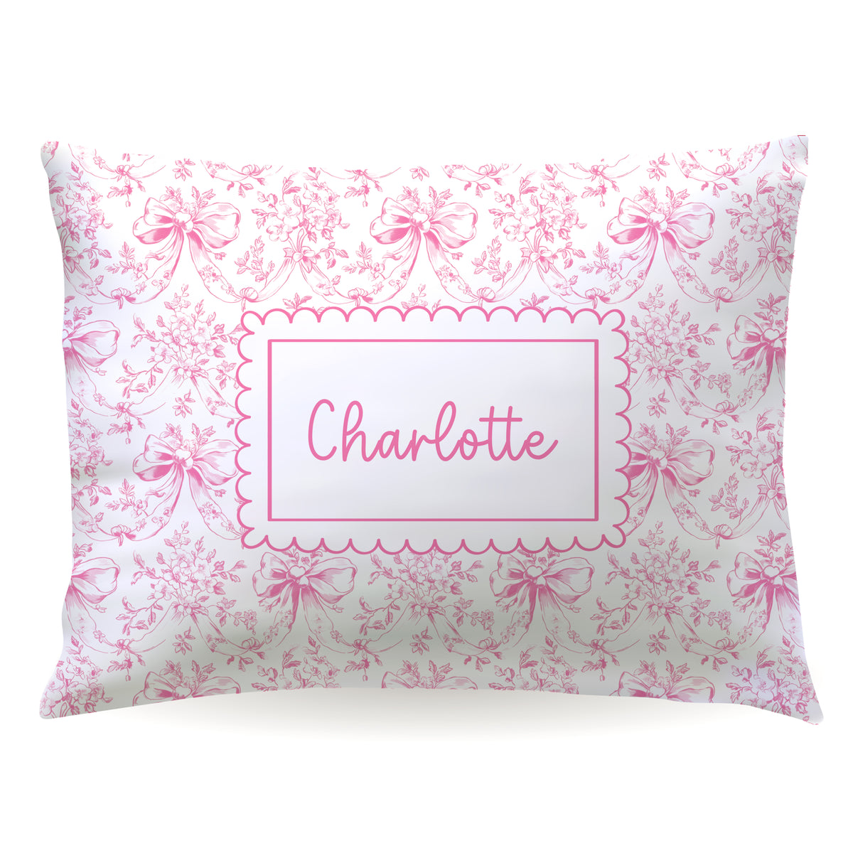 Pink Toile Coquette Bow Chinoiserie Flowers Personalized Custom Pillowcase • Standard or Toddler Size