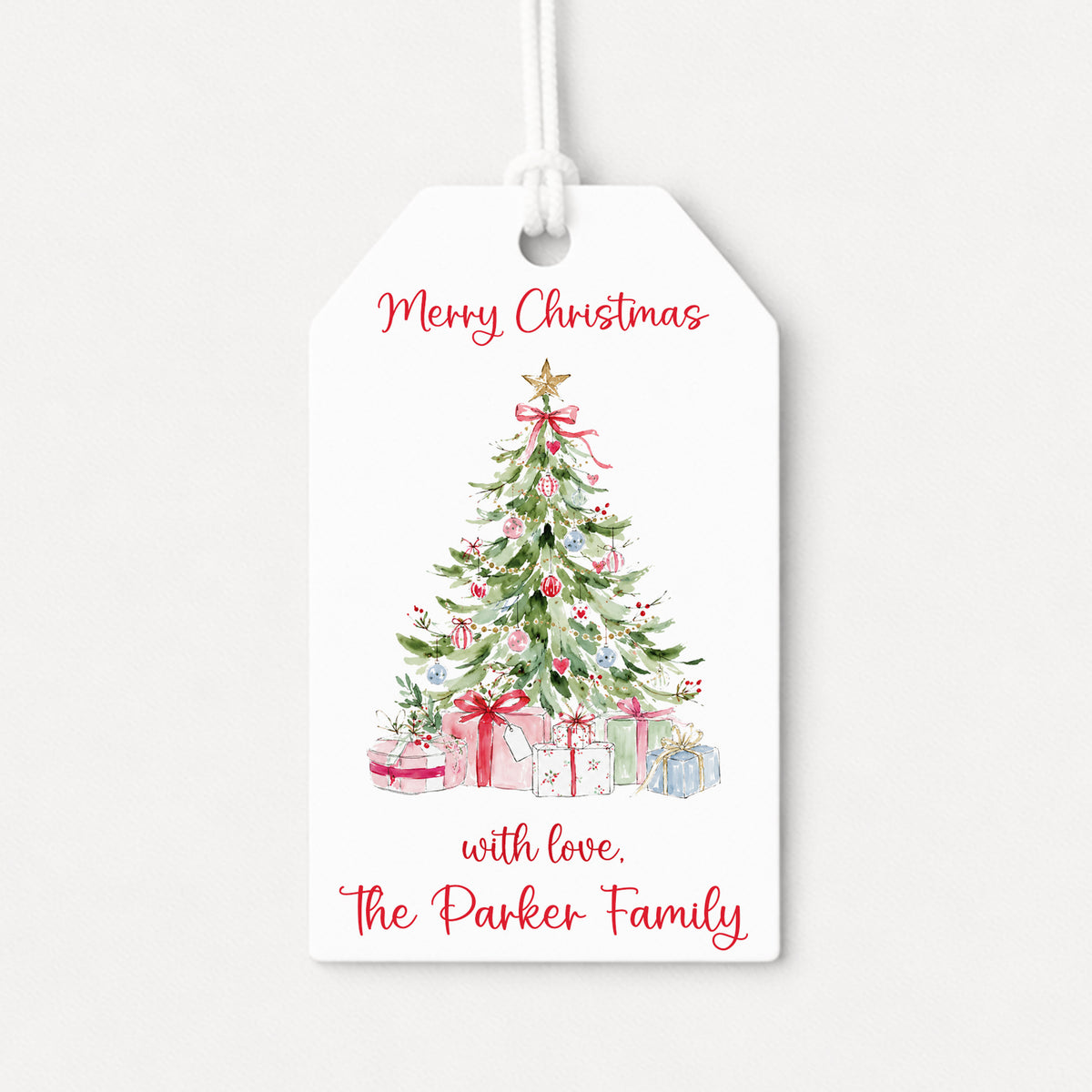 Pink Coquette Bows Christmas Tree Personalized Gift Tags • Christmas Holiday Gift Wrapping • Custom Family Name Tag • Gifts Whimsical