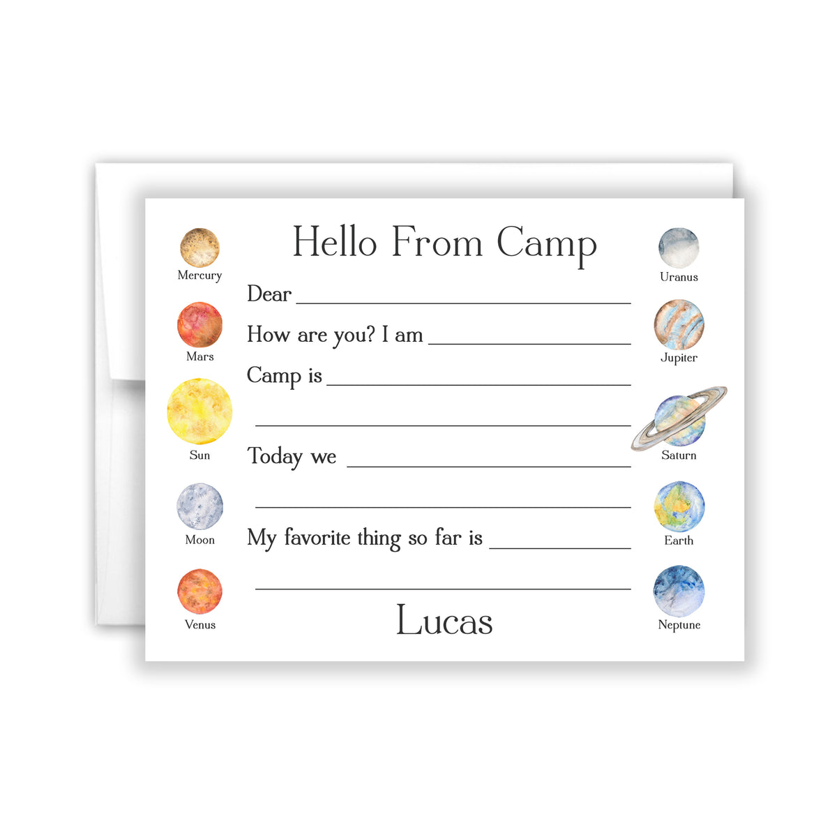 Planets Solar System Summer Camp Camping Note Cards Stationery Custom Personalized • Fill in Blank, Lined or Blank Cards