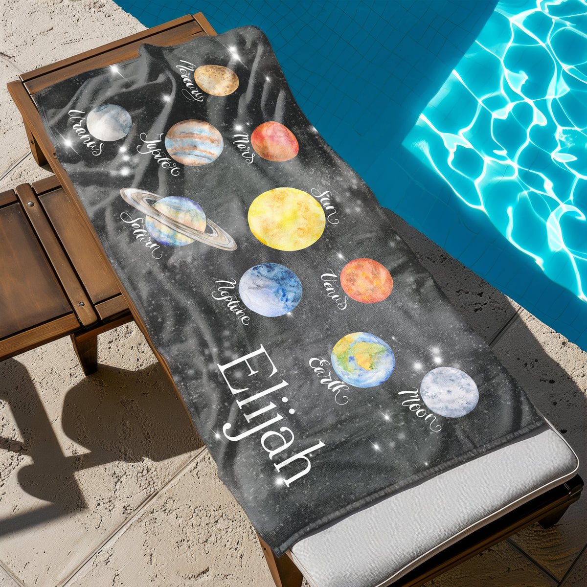 Planets Personalized Beach Towel • Custom 30x60 Swimming Swim Bath Bathroom Pool
