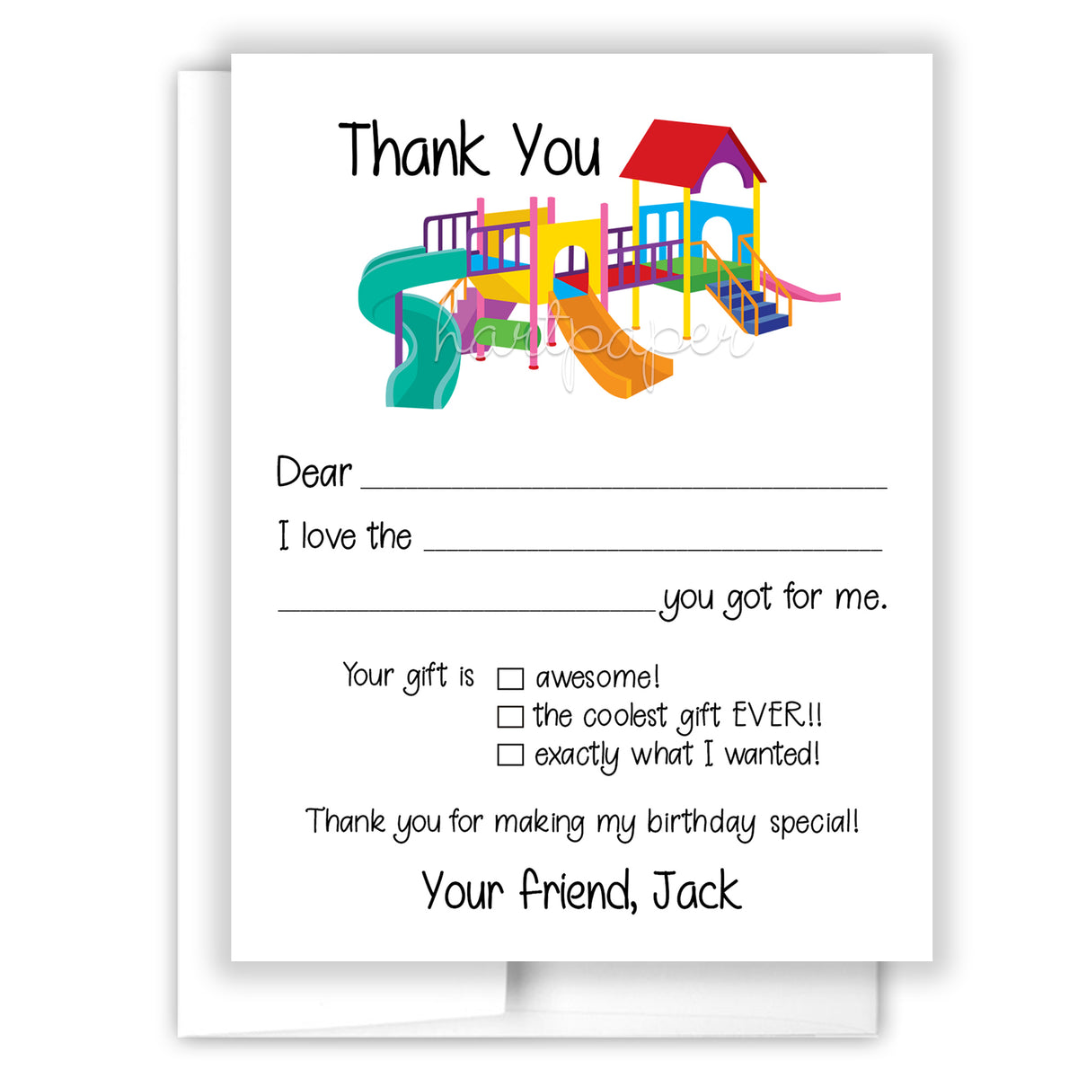 Playground Thank You Note Card Personalized Custom Stationery • Fill in Blank, Lined or Blank Cards