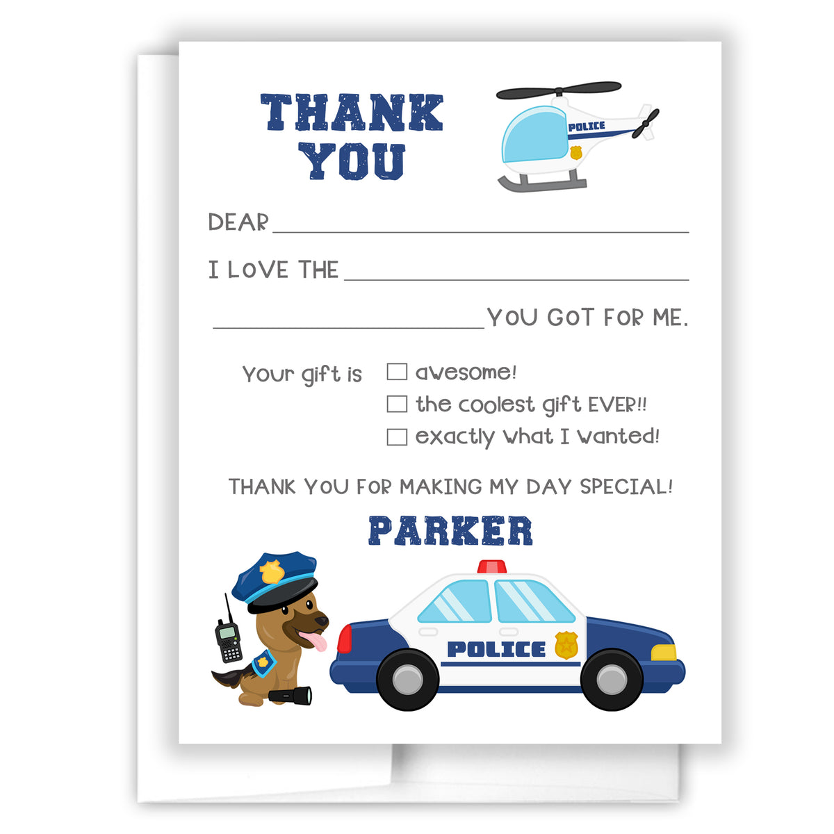 Police Thank You Note Card Personalized Custom Stationery • Fill in Blank, Lined or Blank Cards