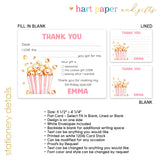 Popcorn Thank You Note Card Stationery • Fill in Blank, Lined or Blank Cards