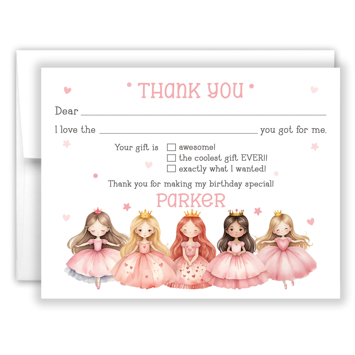 Princess Thank You Note Card Stationery • Fill in Blank, Lined or Blank Cards