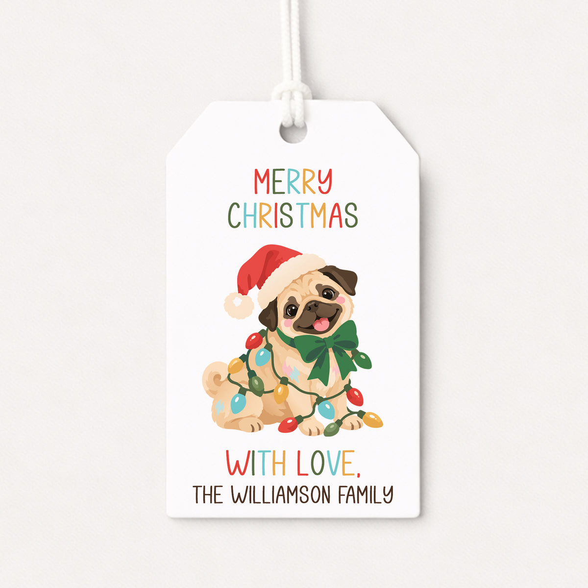 Pug Pet Puppy Personalized Gift Tags • Christmas Holiday Gift Wrapping • Custom Family Name Tag • Gifts Whimsical