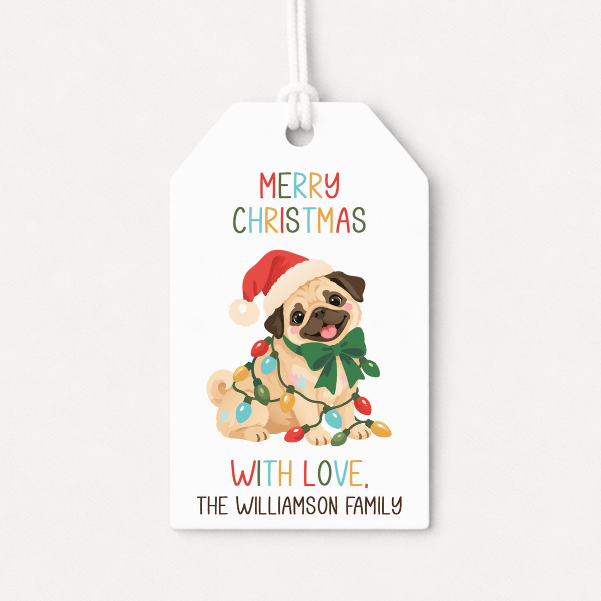 Pug Pet Puppy Personalized Gift Tags • Christmas Holiday Gift Wrapping • Custom Family Name Tag • Gifts Whimsical