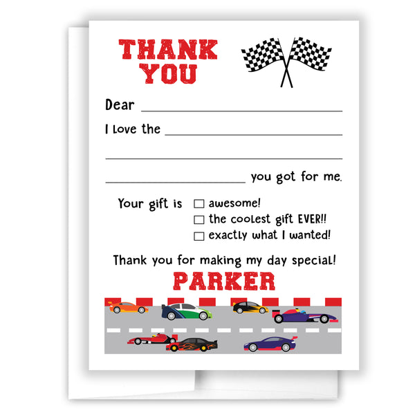 Race Cars Thank You Note Card Stationery • Fill in Blank, Lined or Blank Cards