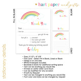 Rainbow Thank You Note Card Stationery • Fill in Blank, Lined or Blank Cards