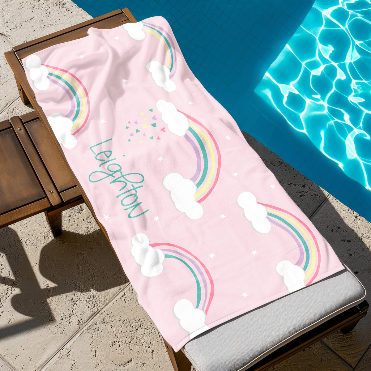 Rainbow Clouds Personalized Beach Towel • Custom 30x60 Swimming Swim Bath Bathroom Pool